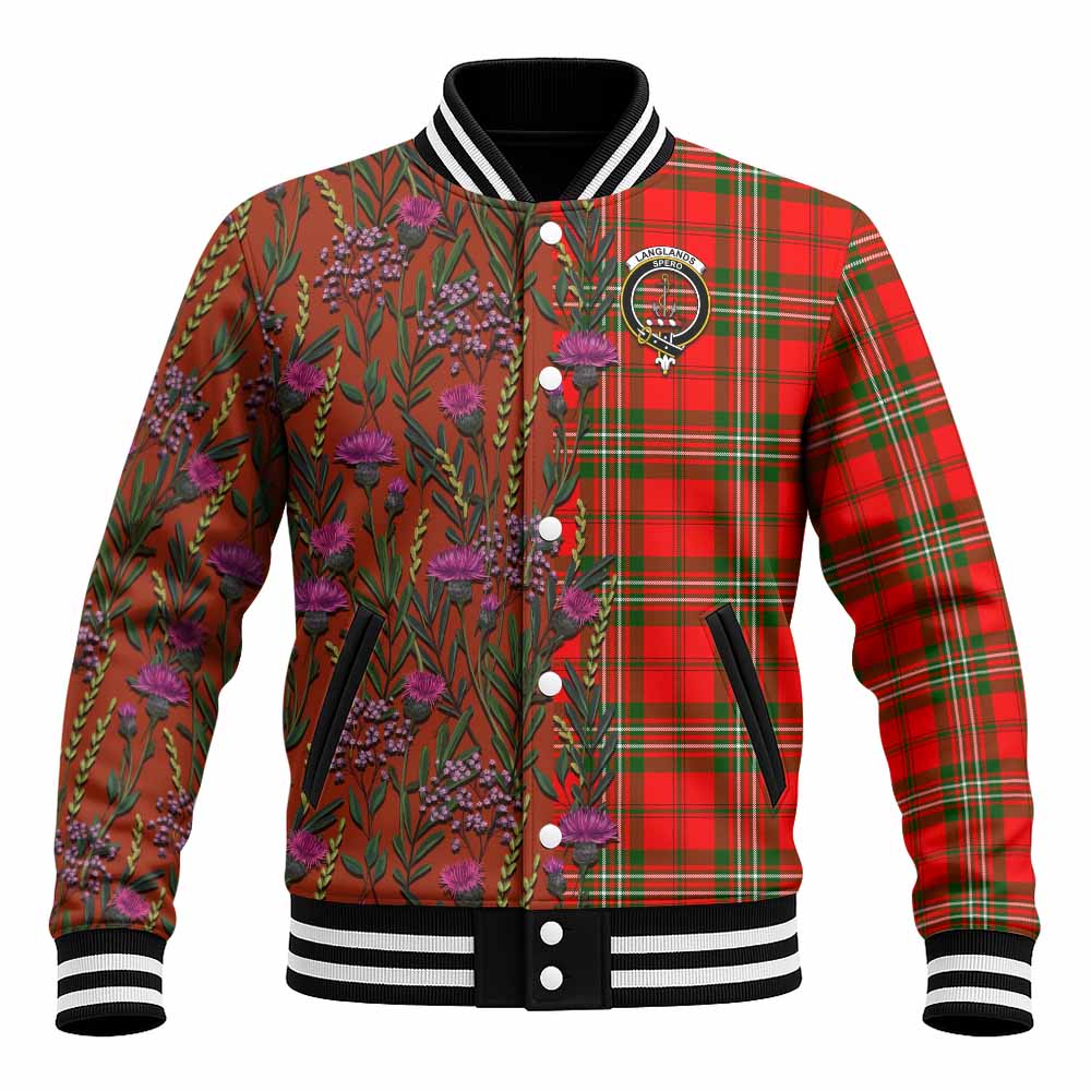 Langlands Family Crest Tartan Baseball Jacket Scottish Thistle Flower Pattern Half Style - Tartan Vibes Clothing