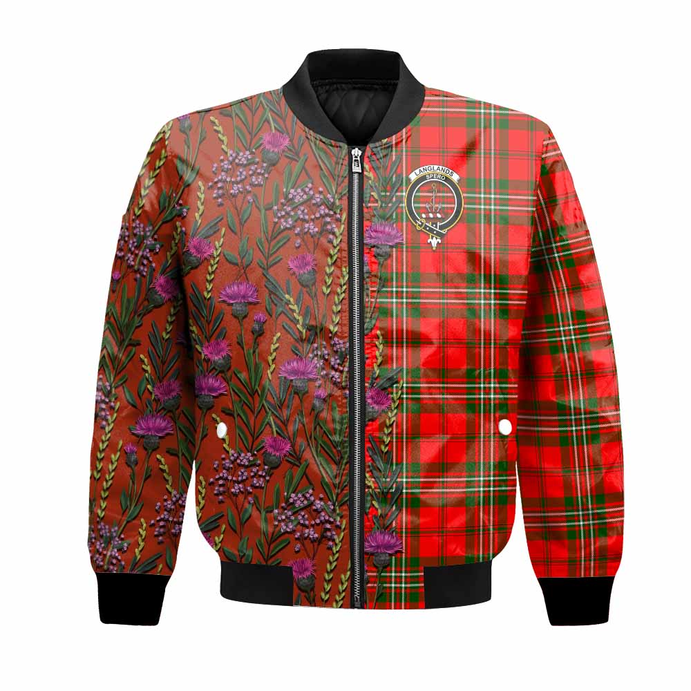 Langlands Family Crest Tartan Bomber Jacket Scottish Thistle Flower Pattern Half Style - Tartan Vibes Clothing