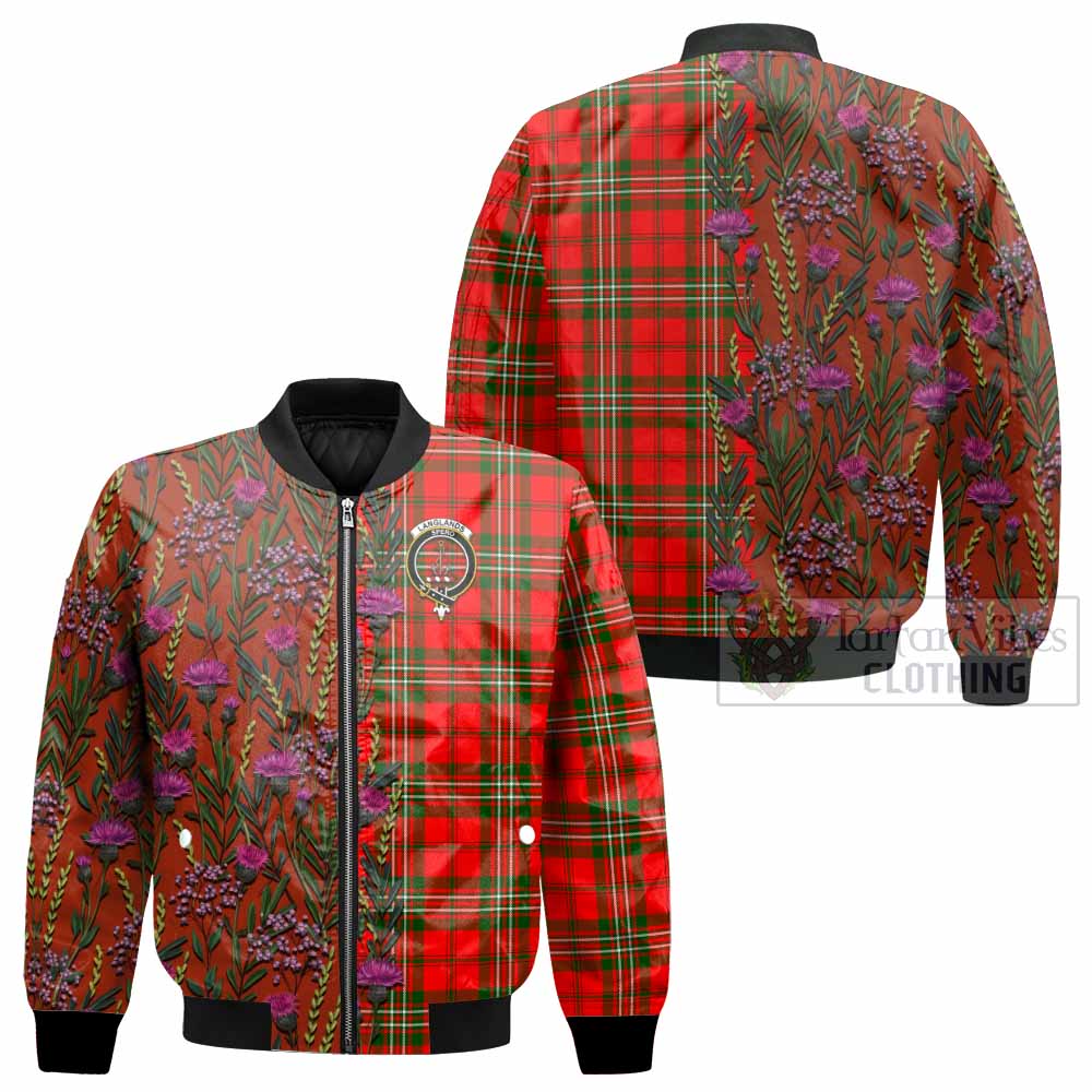 Langlands Family Crest Tartan Bomber Jacket Scottish Thistle Flower Pattern Half Style - Tartan Vibes Clothing