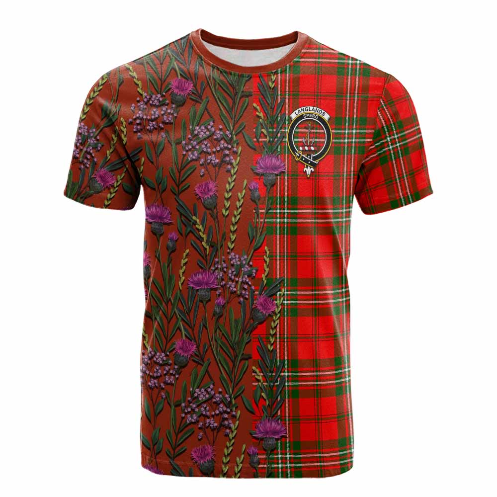 Langlands Family Crest Tartan Cotton T-shirt Scottish Thistle Flower Pattern Half Style - Tartan Vibes Clothing