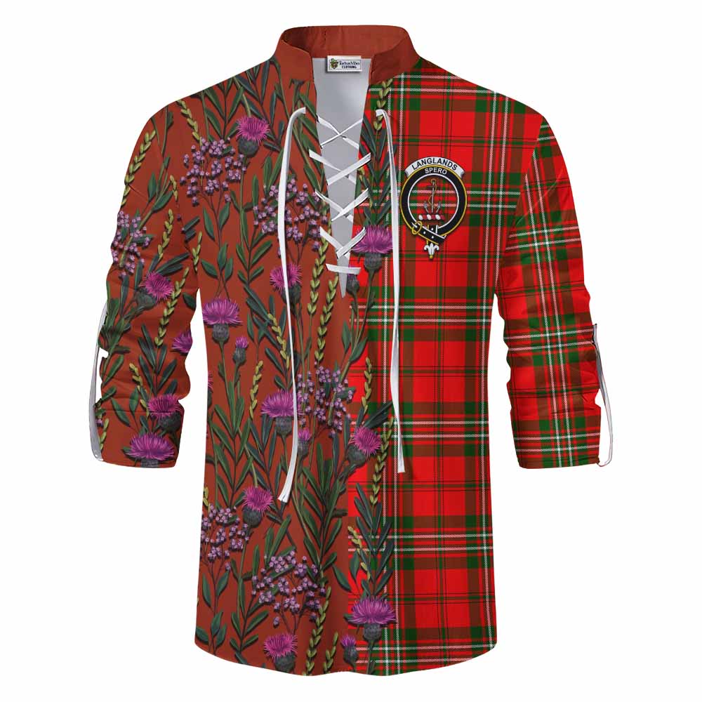 Langlands Family Crest Tartan Ghillie Shirt Scottish Thistle Flower Pattern Half Style - Tartan Vibes Clothing