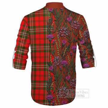 Langlands Family Crest Tartan Ghillie Shirt Scottish Thistle Flower Pattern Half Style
