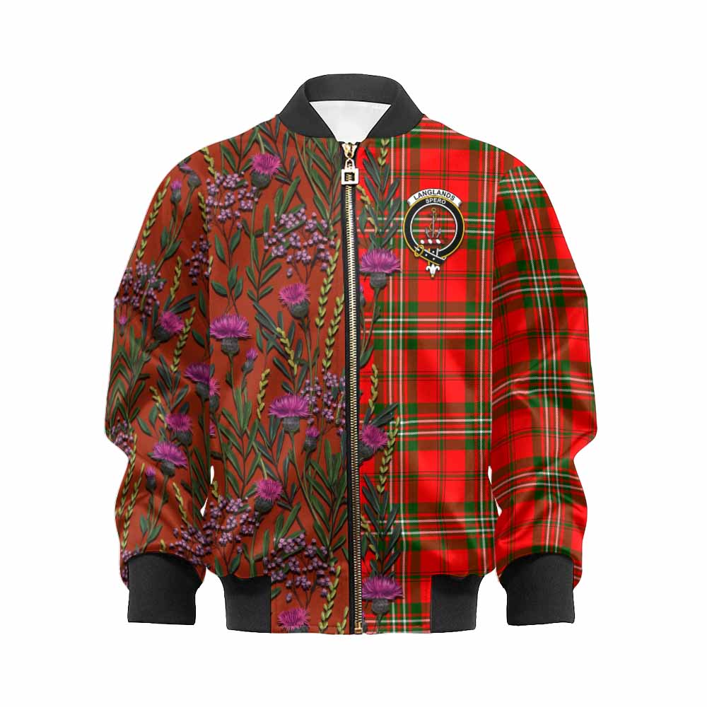 Langlands Family Crest Tartan Kid Bomber Jacket Scottish Thistle Flower Pattern Half Style - Tartan Vibes Clothing