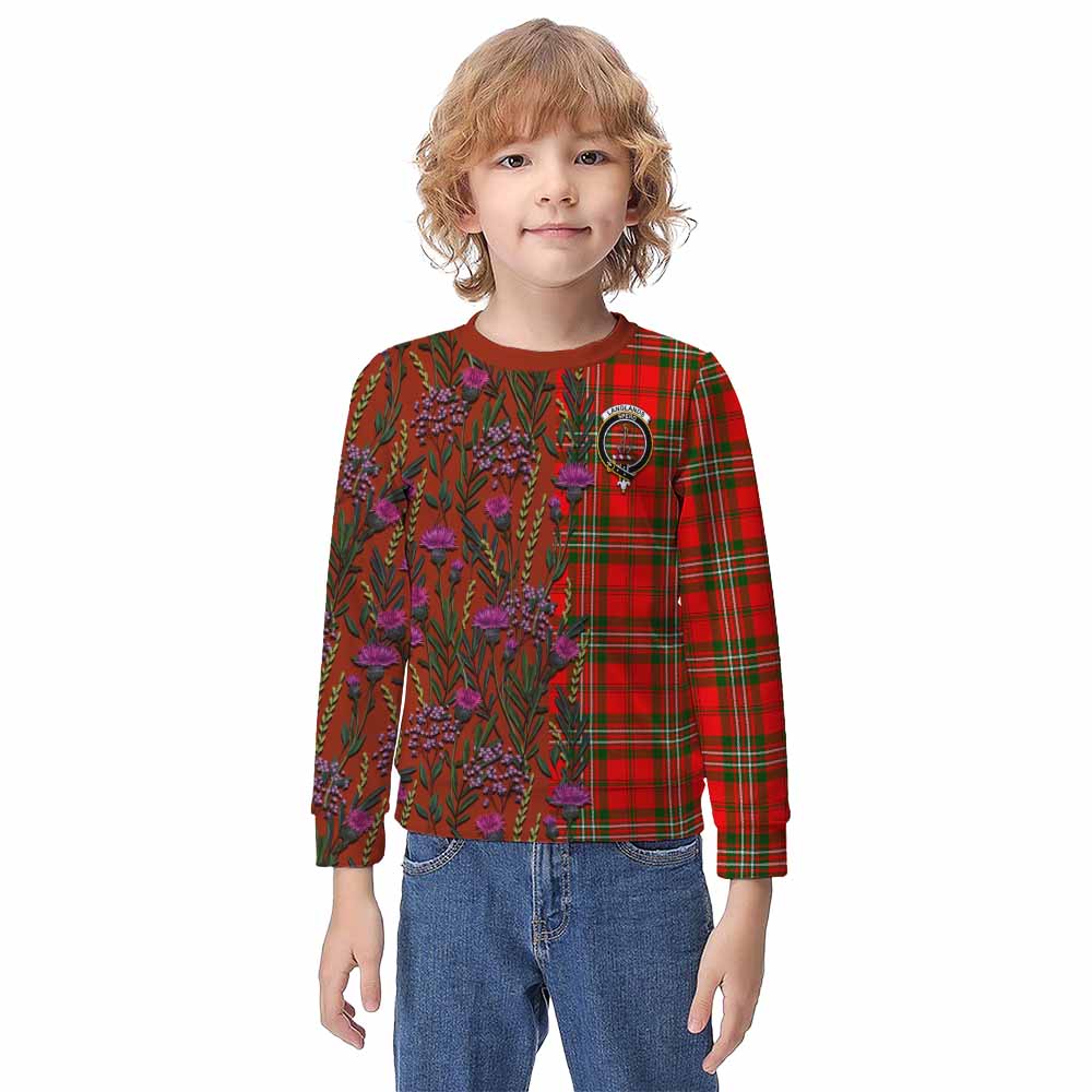 Langlands Family Crest Tartan Kid Knitted Sweatshirt Scottish Thistle Flower Pattern Half Style - Tartan Vibes Clothing