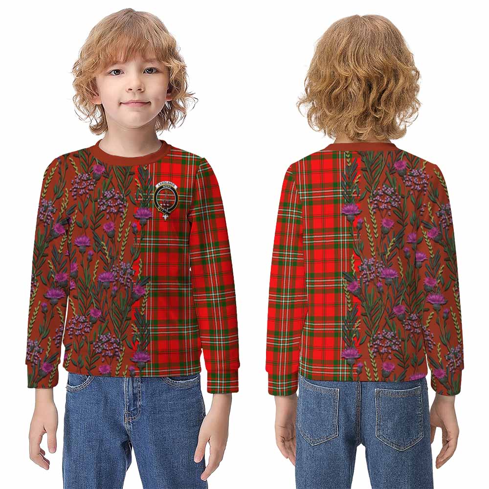 Langlands Family Crest Tartan Kid Knitted Sweatshirt Scottish Thistle Flower Pattern Half Style - Tartan Vibes Clothing