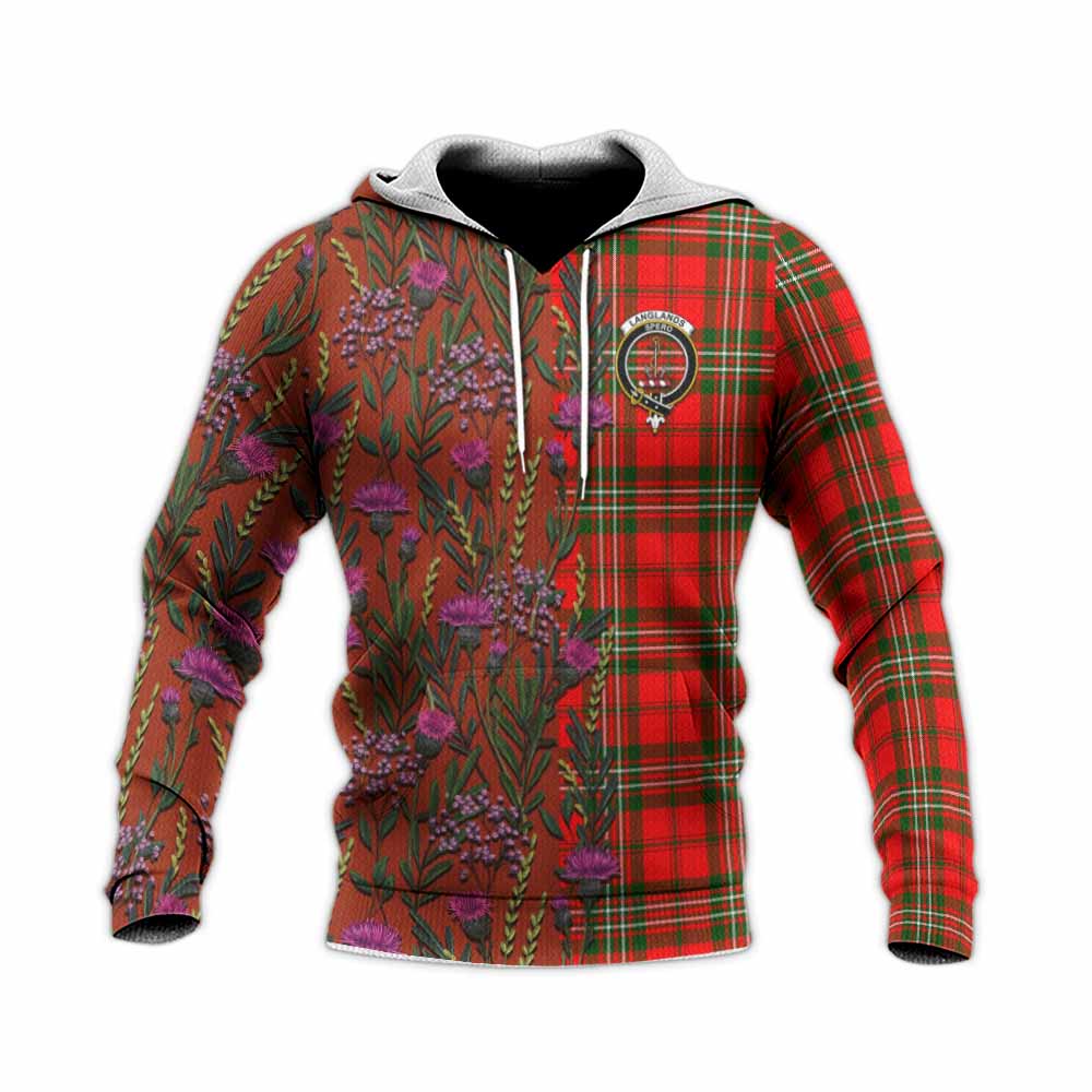 Langlands Family Crest Tartan Knitted Hoodie Scottish Thistle Flower Pattern Half Style - Tartan Vibes Clothing