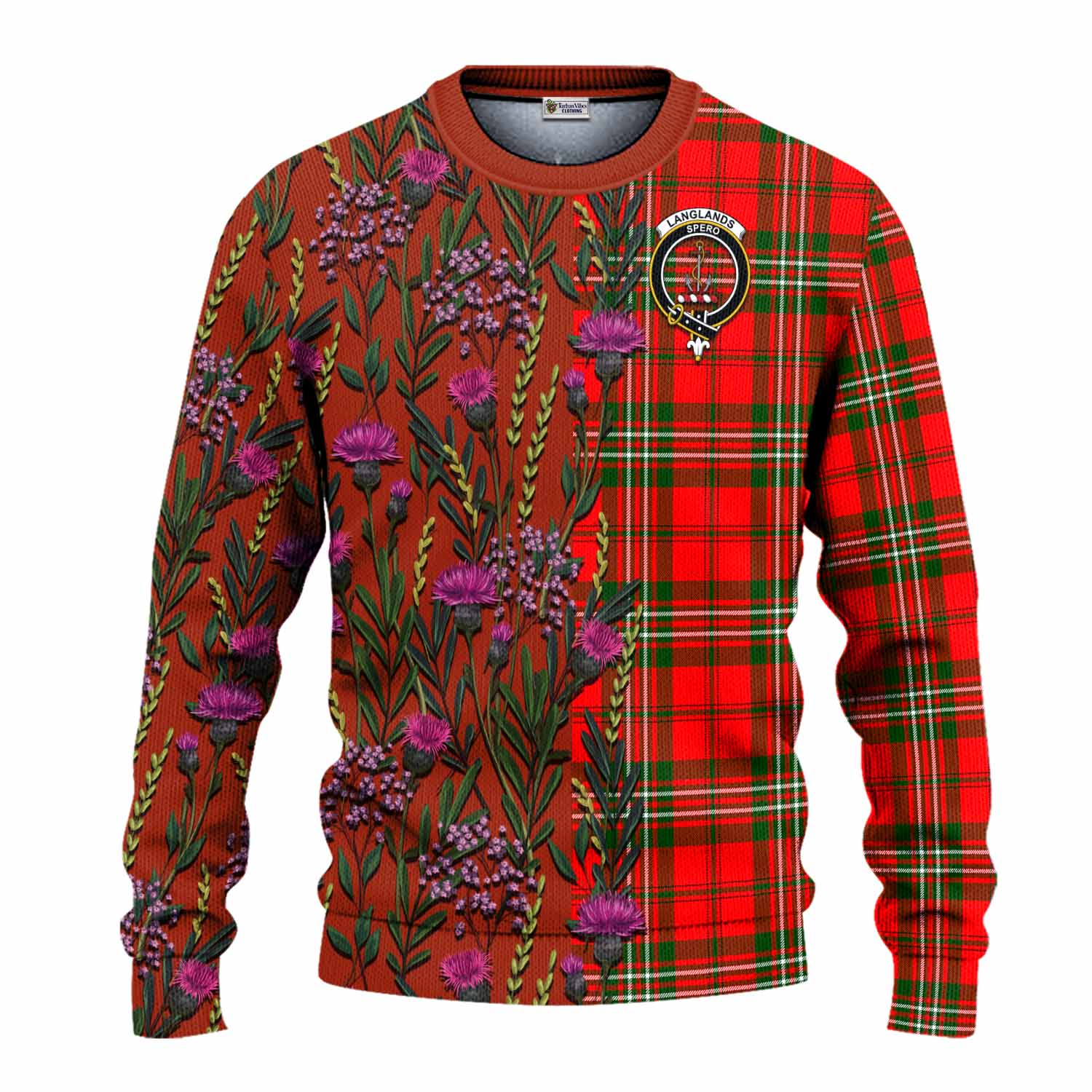 Langlands Family Crest Tartan Knitted Sweater Scottish Thistle Flower Pattern Half Style - Tartan Vibes Clothing