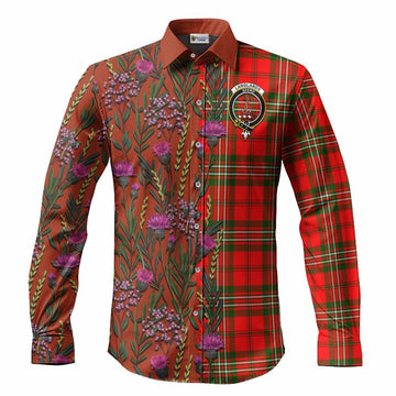 Langlands Family Crest Tartan Long Sleeve Button Shirts Scottish Thistle Flower Pattern Half Style