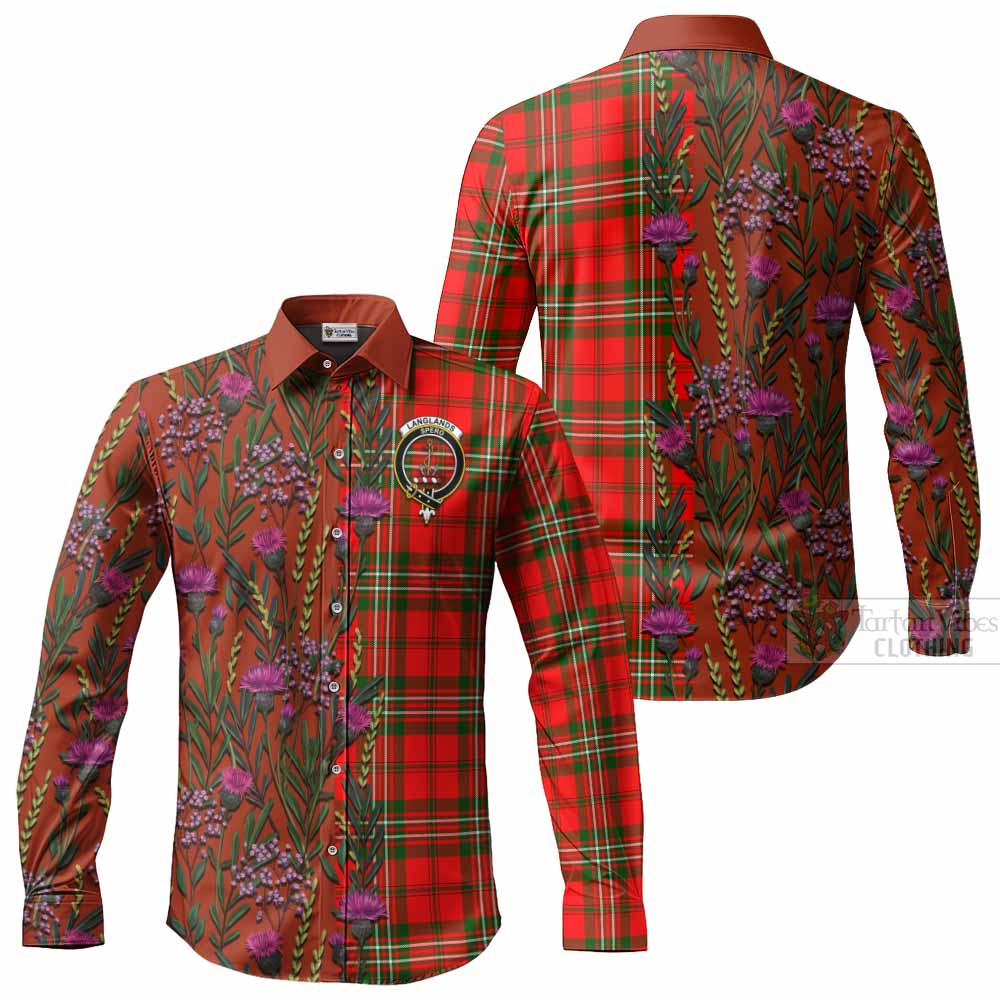 Langlands Family Crest Tartan Long Sleeve Button Shirts Scottish Thistle Flower Pattern Half Style - Tartan Vibes Clothing