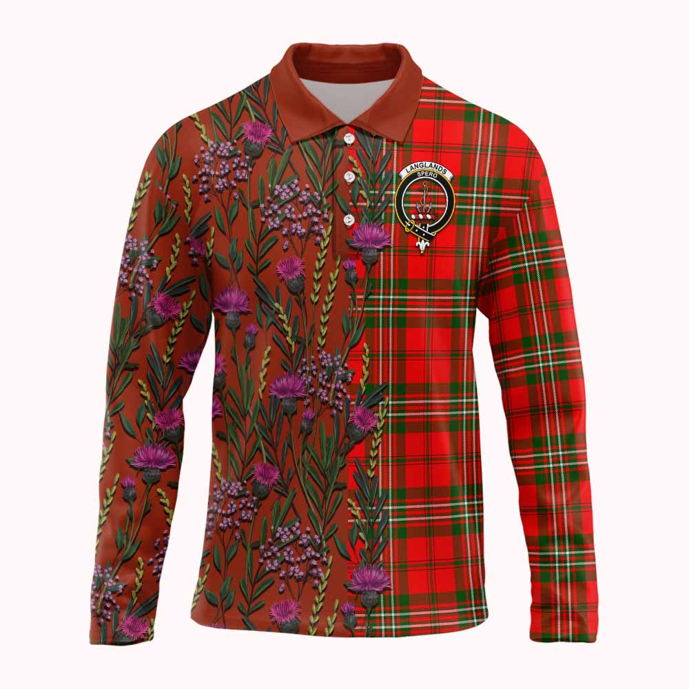 Langlands Family Crest Tartan Long Sleeve Polo Shirt Scottish Thistle Flower Pattern Half Style - Tartan Vibes Clothing