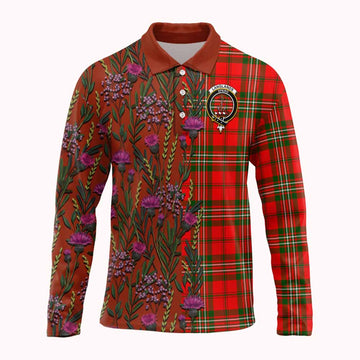 Langlands Family Crest Tartan Long Sleeve Polo Shirt Scottish Thistle Flower Pattern Half Style