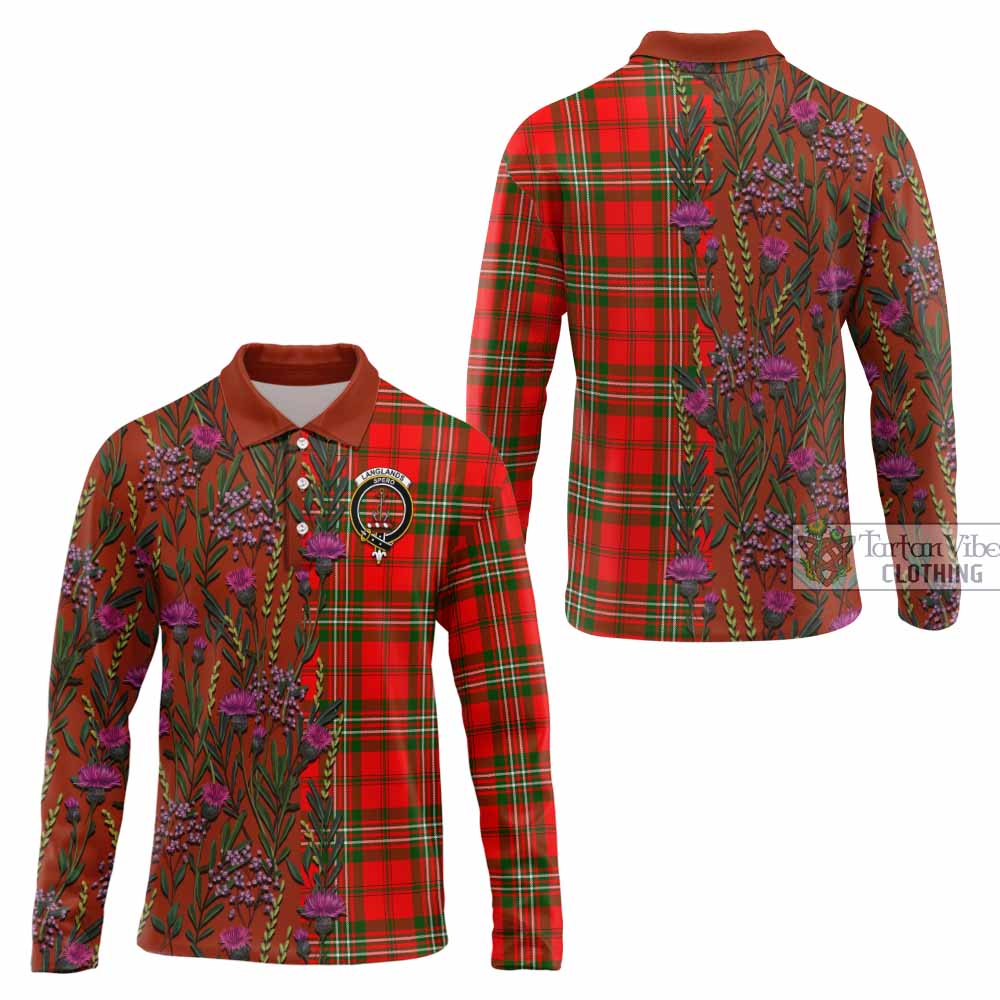 Langlands Family Crest Tartan Long Sleeve Polo Shirt Scottish Thistle Flower Pattern Half Style - Tartan Vibes Clothing