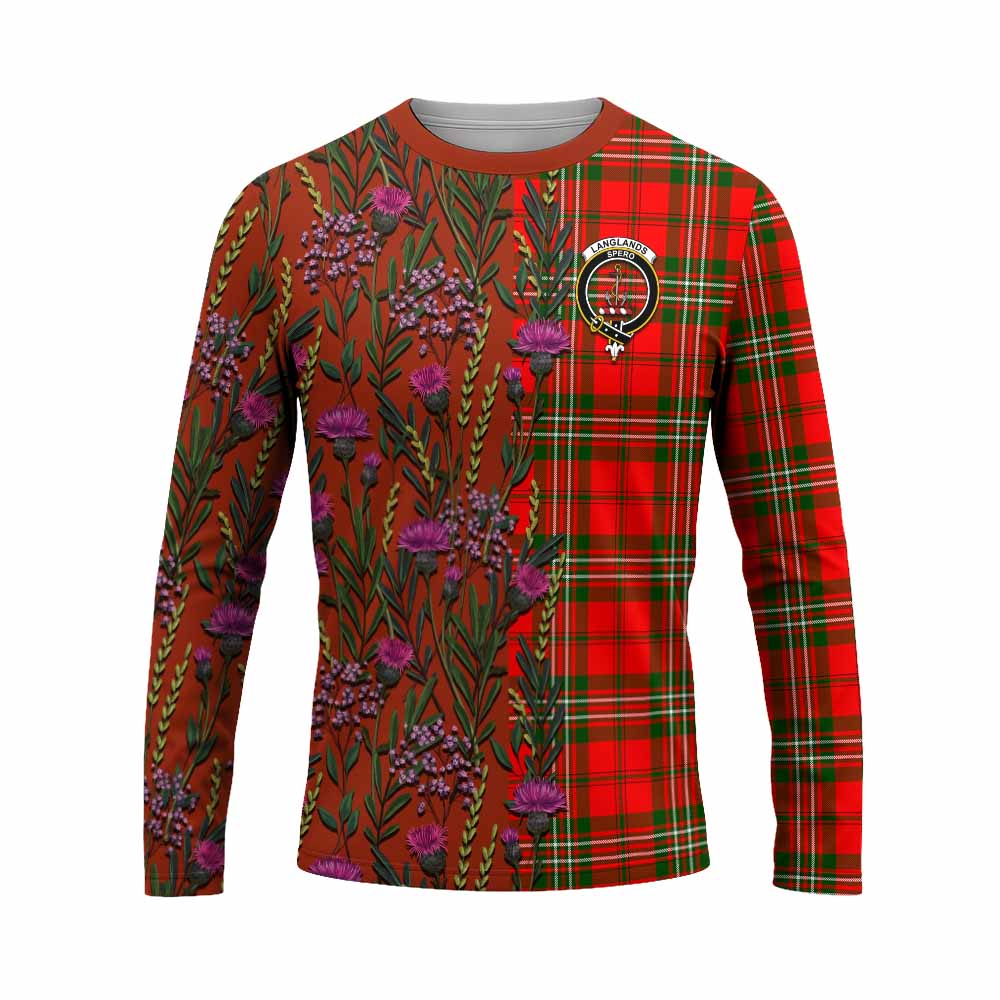 Langlands Family Crest Tartan Long Sleeve T-Shirt Scottish Thistle Flower Pattern Half Style - Tartan Vibes Clothing