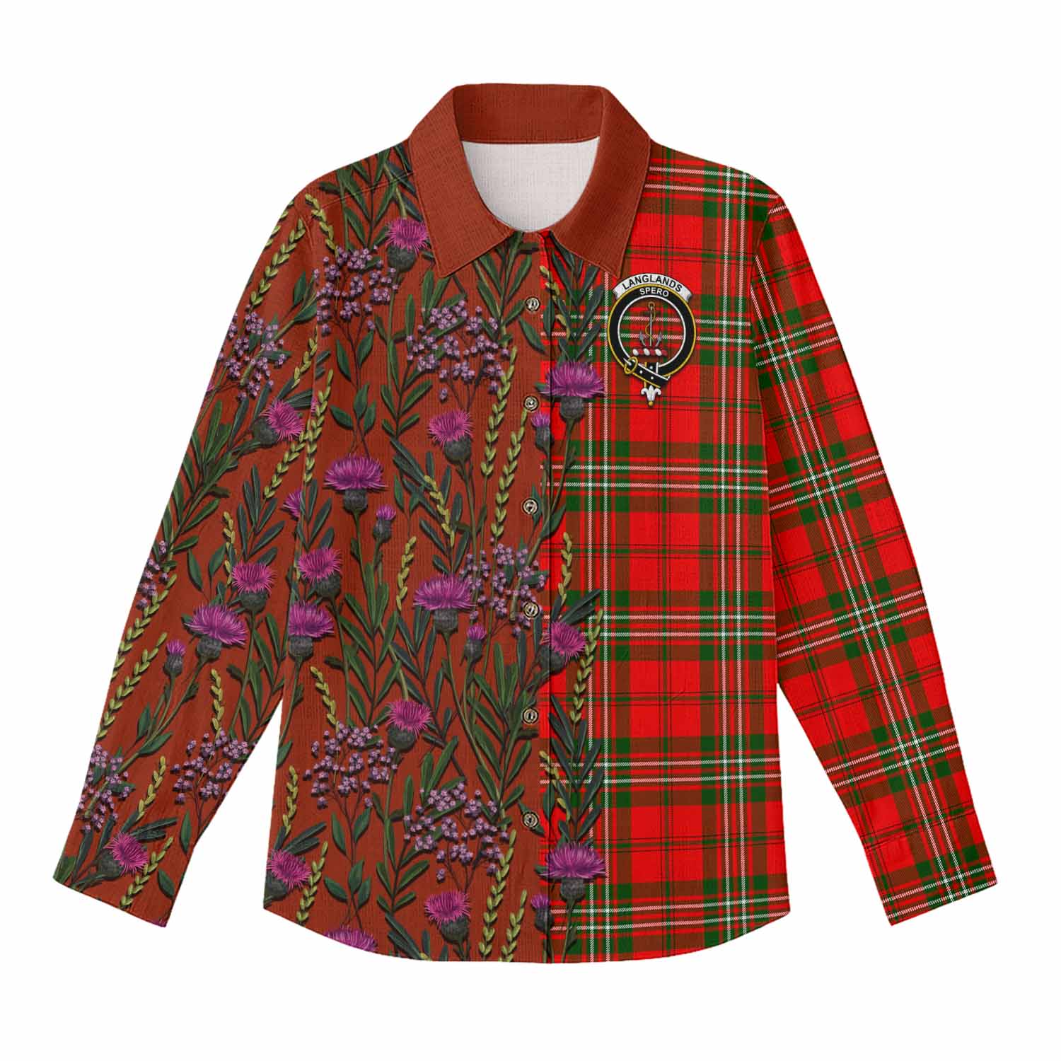 Langlands Family Crest Tartan Women Casual Shirt Scottish Thistle Flower Pattern Half Style - Tartan Vibes Clothing