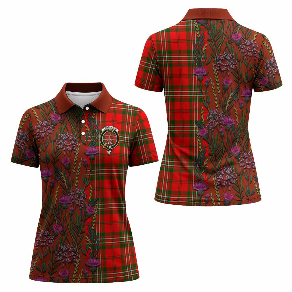 Langlands Family Crest Tartan Women Polo Shirt Scottish Thistle Flower Pattern Half Style - Tartan Vibes Clothing
