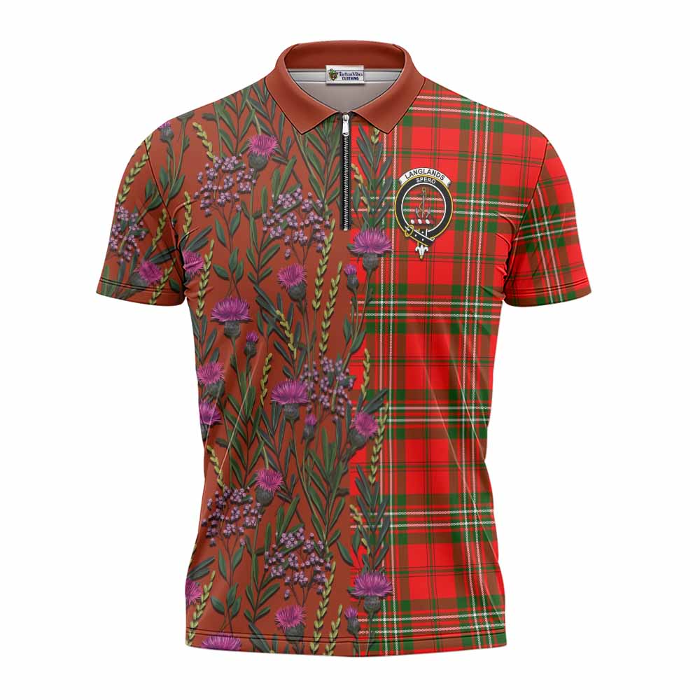 Langlands Family Crest Tartan Zipper Polo Shirt Scottish Thistle Flower Pattern Half Style - Tartan Vibes Clothing