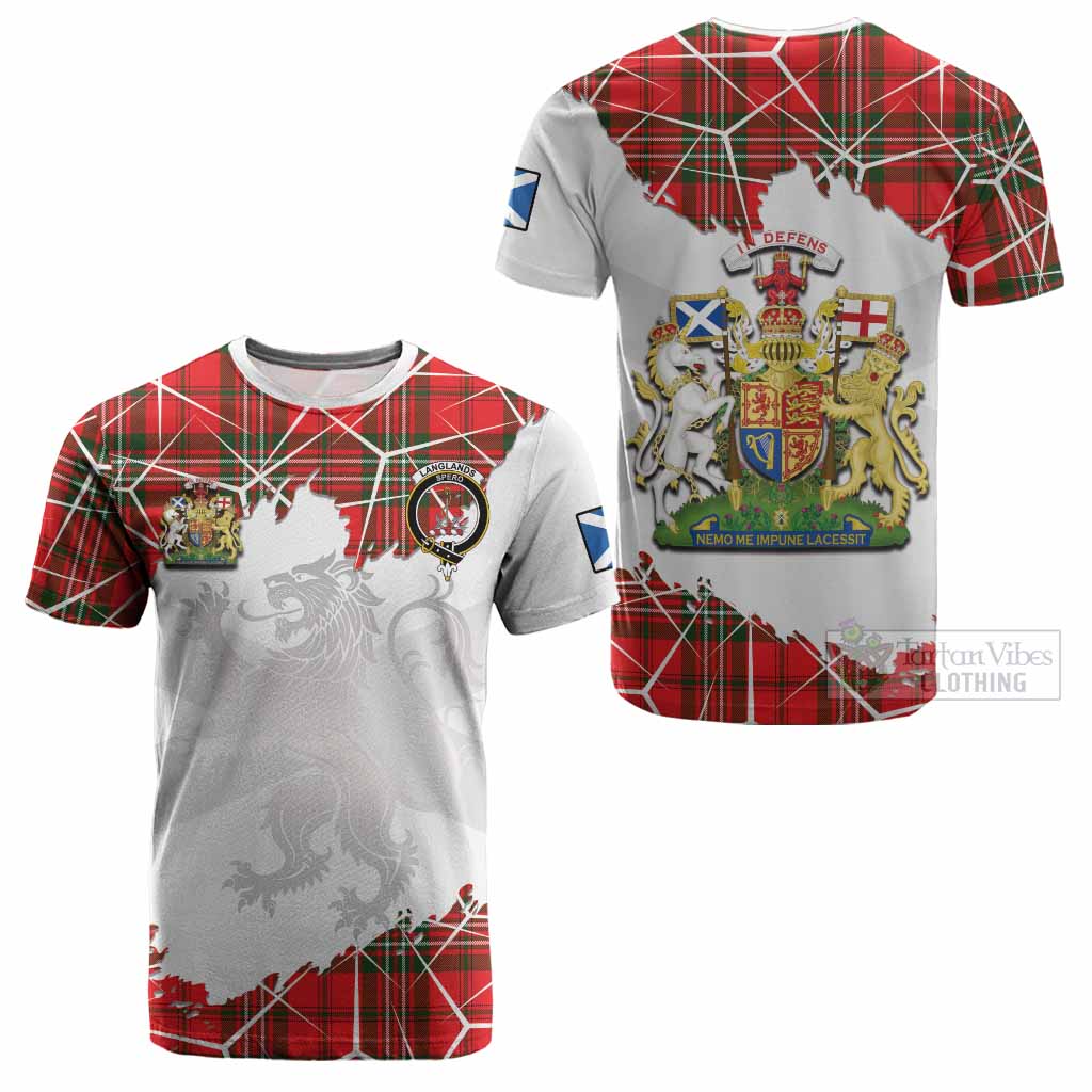 Langlands Tartan Cotton T-shirt with Family Crest and Lion Rampant Grunge Style