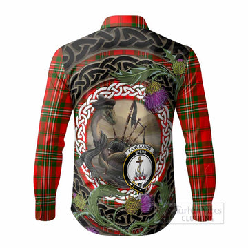 Langlands Tartan Crest Bagpipe Nessie Long Sleeve Button Shirts Scottish Loch Ness Monster Celtic Thistle