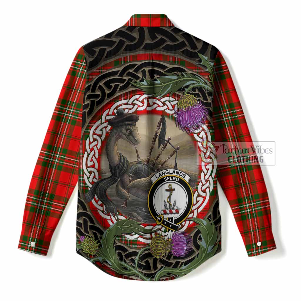 Langlands Tartan Crest Bagpipe Nessie Women Casual Shirt Scottish Loch Ness Monster Celtic Thistle