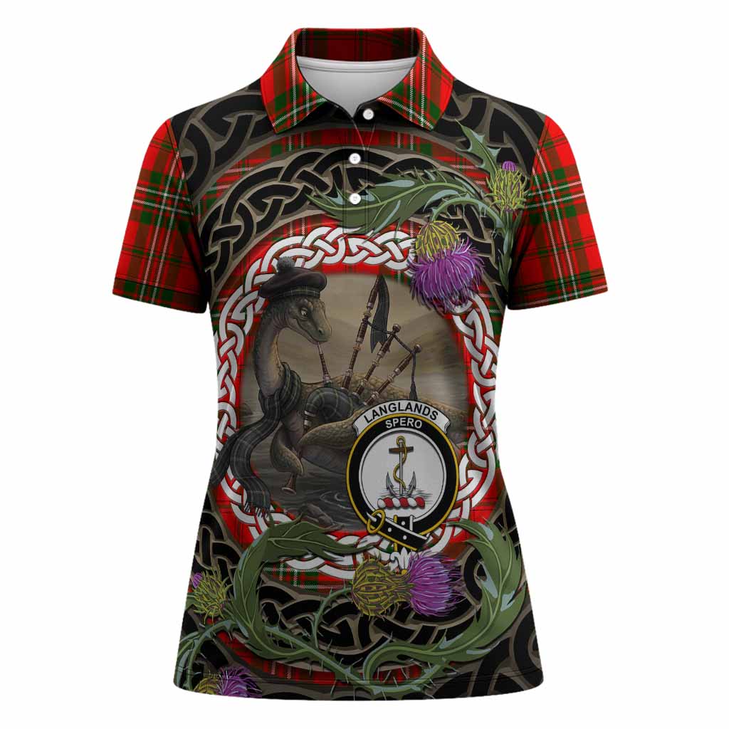 Langlands Tartan Crest Bagpipe Nessie Women Polo Shirt Scottish Loch Ness Monster Celtic Thistle