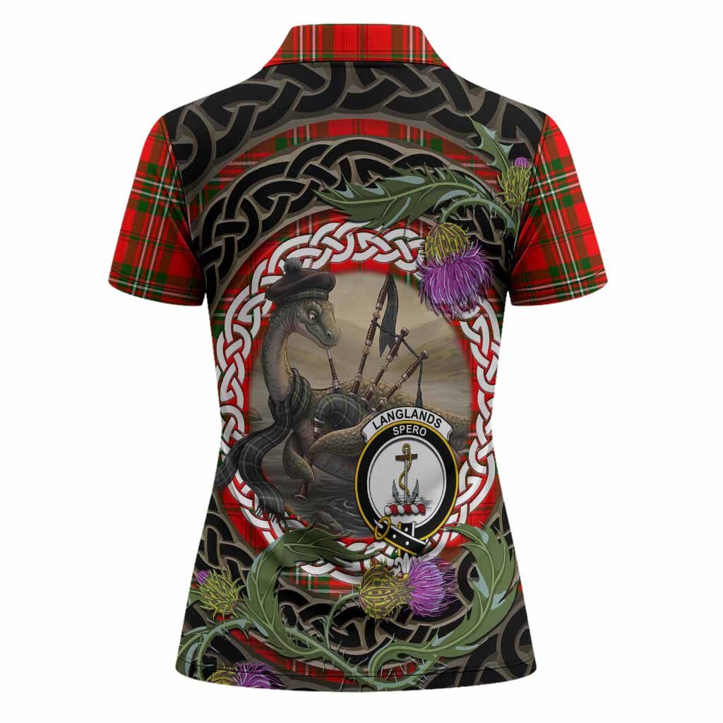 Langlands Tartan Crest Bagpipe Nessie Women Polo Shirt Scottish Loch Ness Monster Celtic Thistle