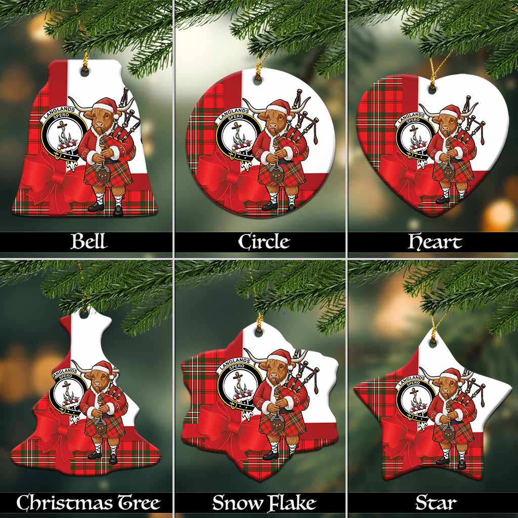Langlands Tartan Crest Christmas Ceramic Ornament Highland Cow Bagpipes Coquette Bow Style