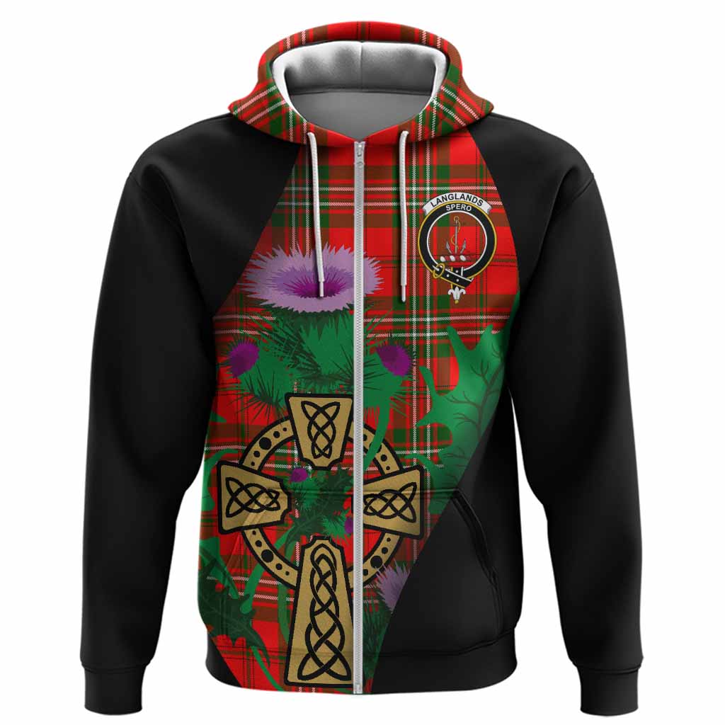 Langlands Tartan Crest Hoodie Celtic Cross Thistle Flowers