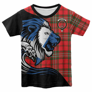 Langlands Tartan Crest Kid T-shirt Scottish Golden Lions Wave Flow