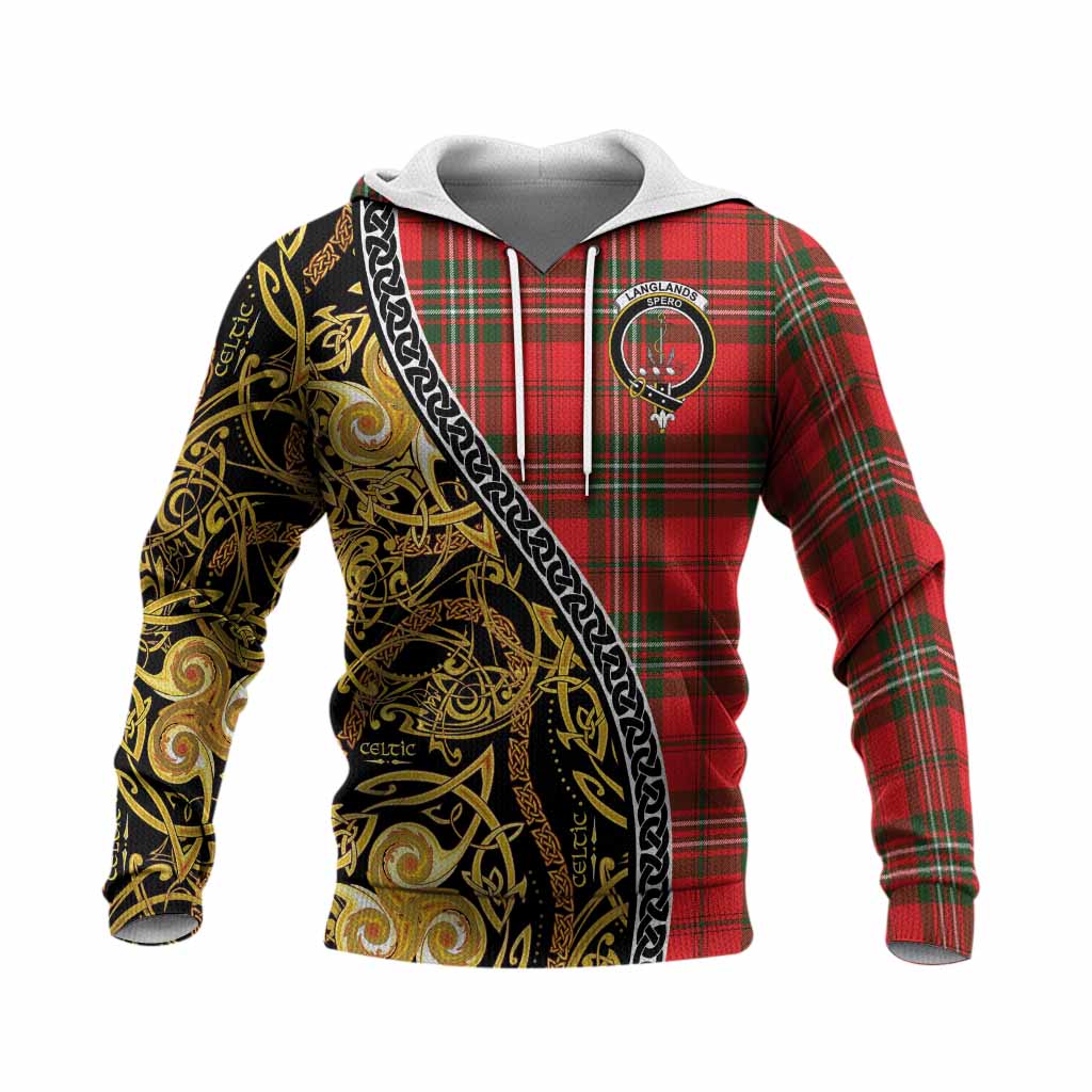 Langlands Tartan Crest Knitted Hoodie Celtic Knot and Triple Trickle Spiral Symbols