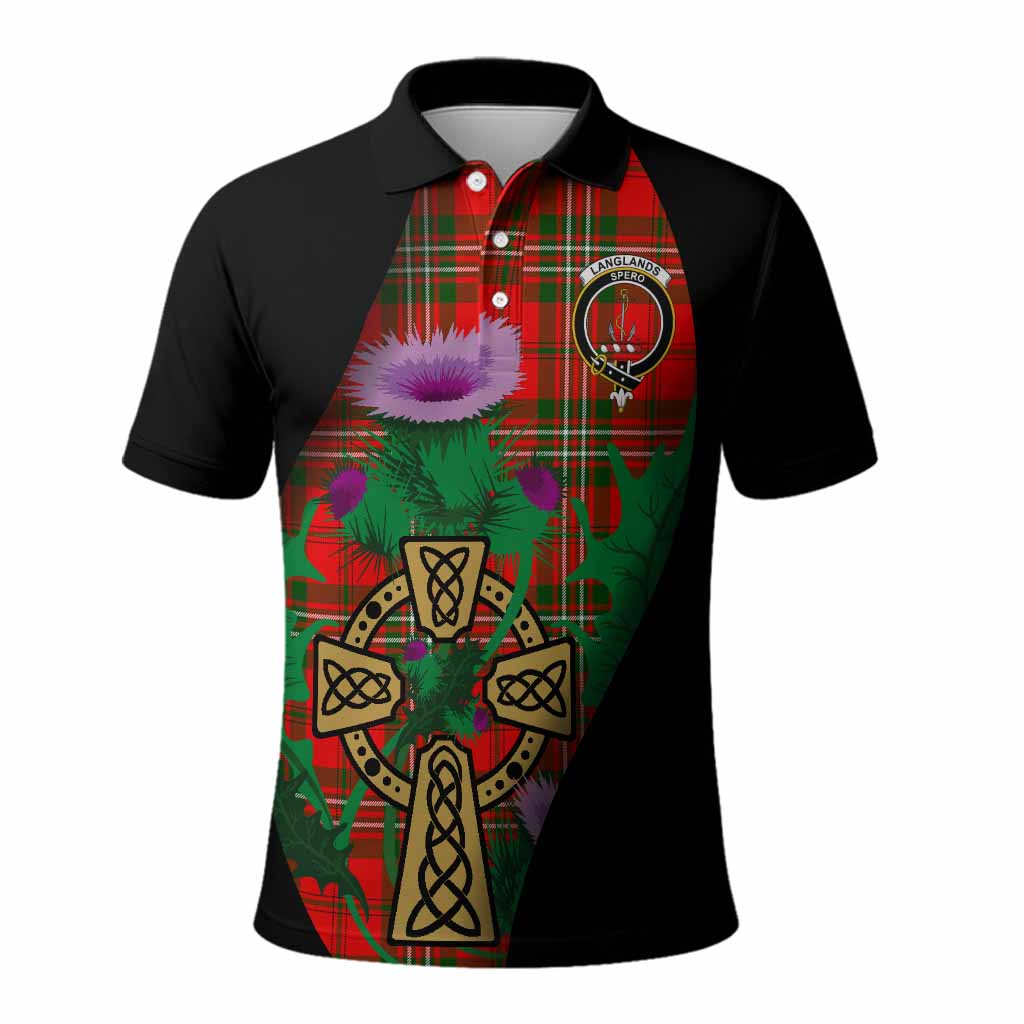Langlands Tartan Crest Polo Shirt Celtic Cross Thistle Flowers