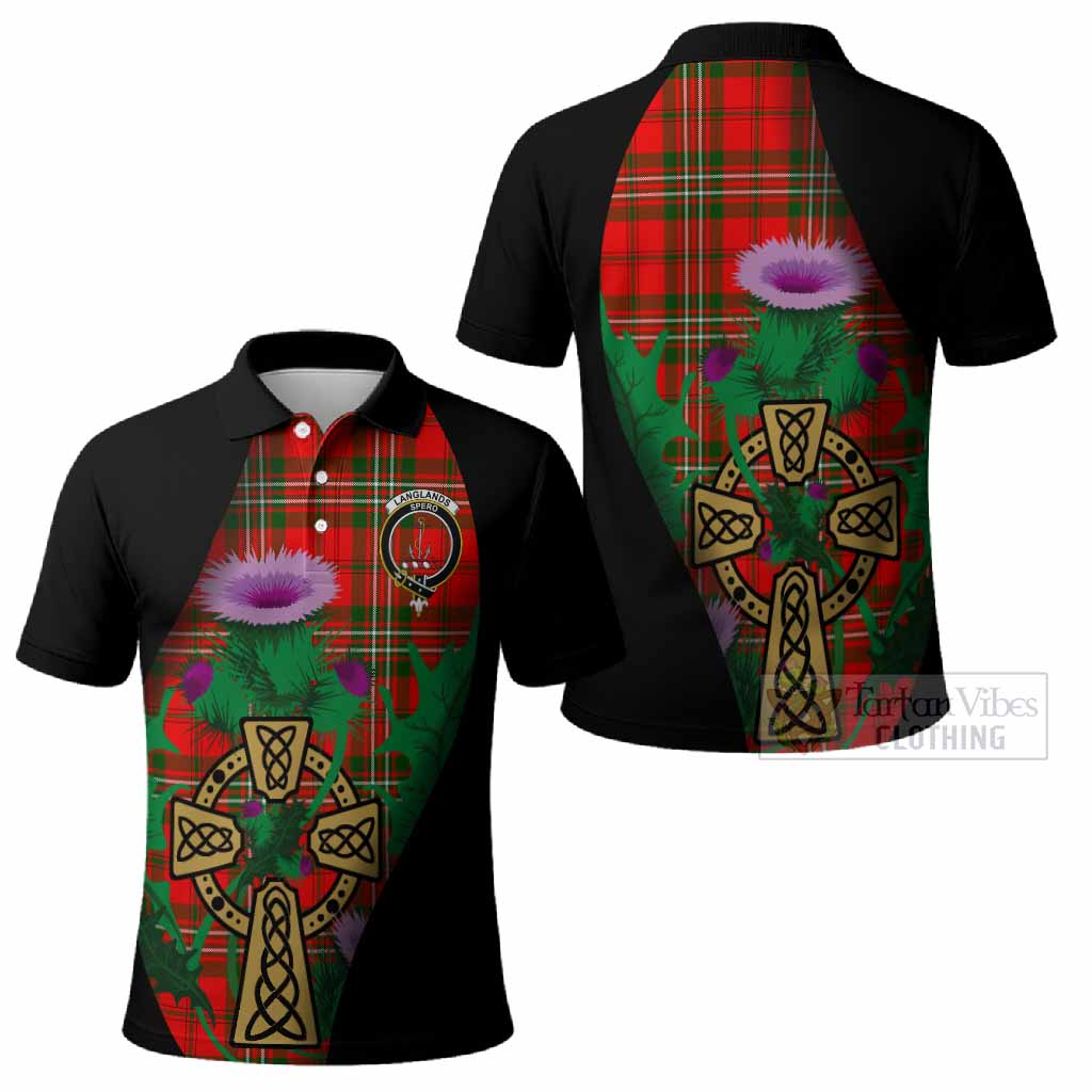 Langlands Tartan Crest Polo Shirt Celtic Cross Thistle Flowers