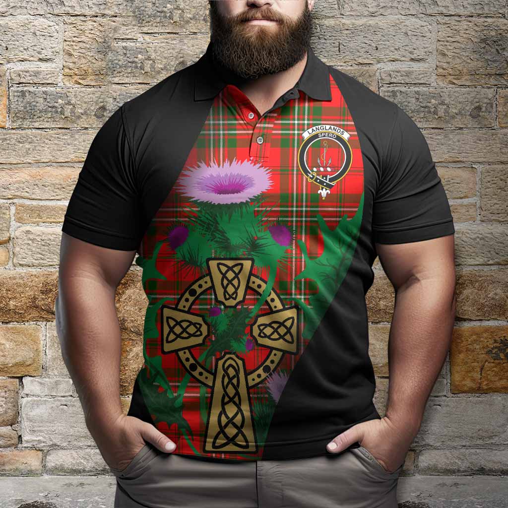 Langlands Tartan Crest Polo Shirt Celtic Cross Thistle Flowers