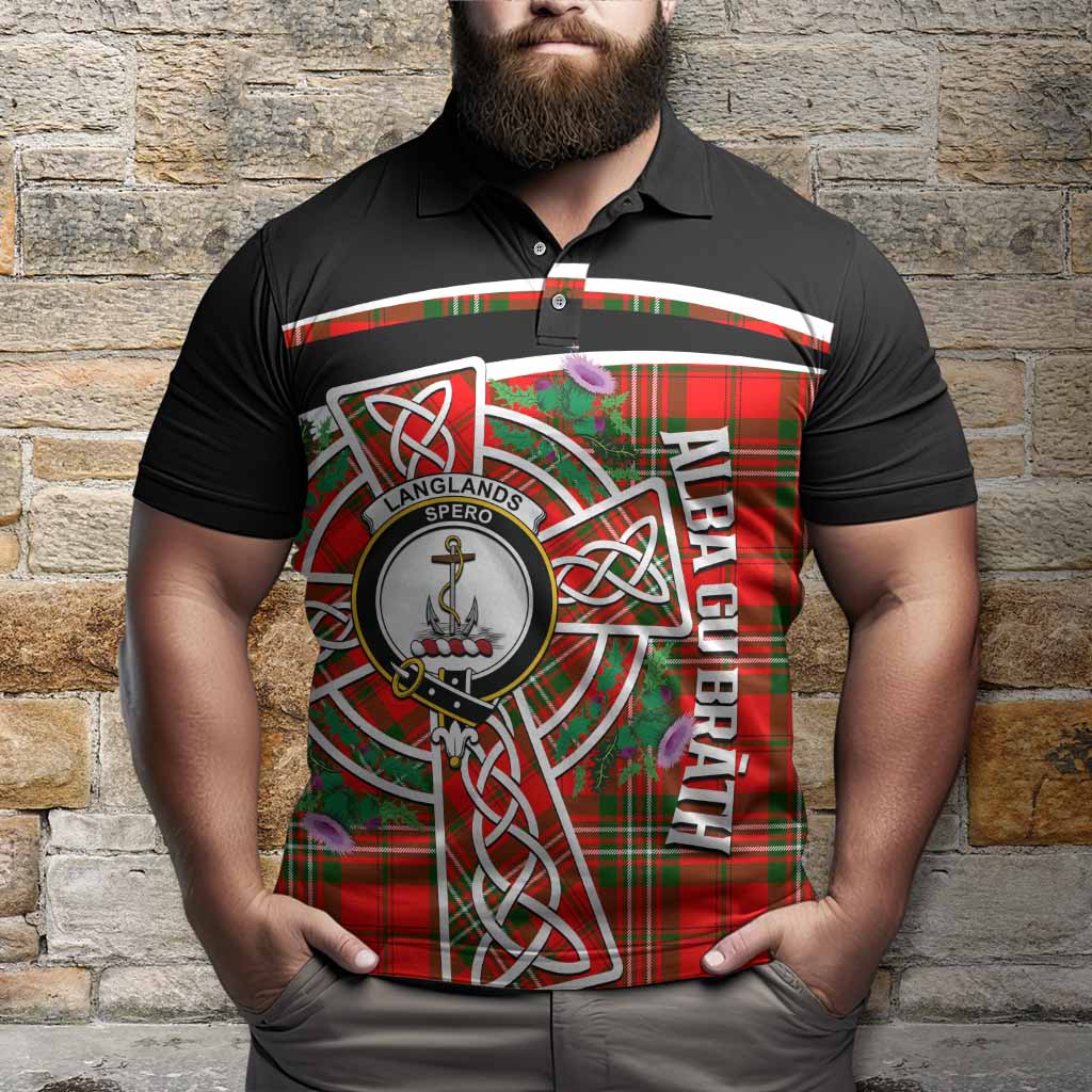 Langlands Tartan Crest Polo Shirt Scottish Thistle Celtic Cross Alba Gu Brath