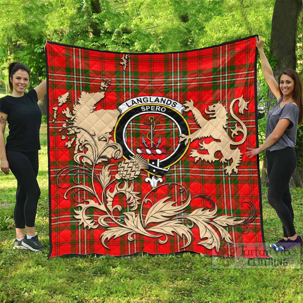 Langlands Tartan Crest Premium Quilt with Scottish Iconic Symbols 