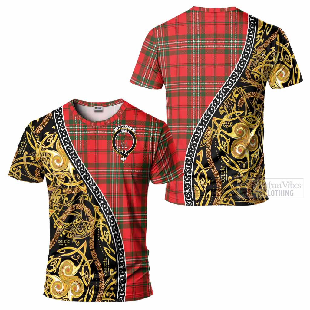 Langlands Tartan Crest T-Shirt Celtic Knot and Triple Trickle Spiral Symbols