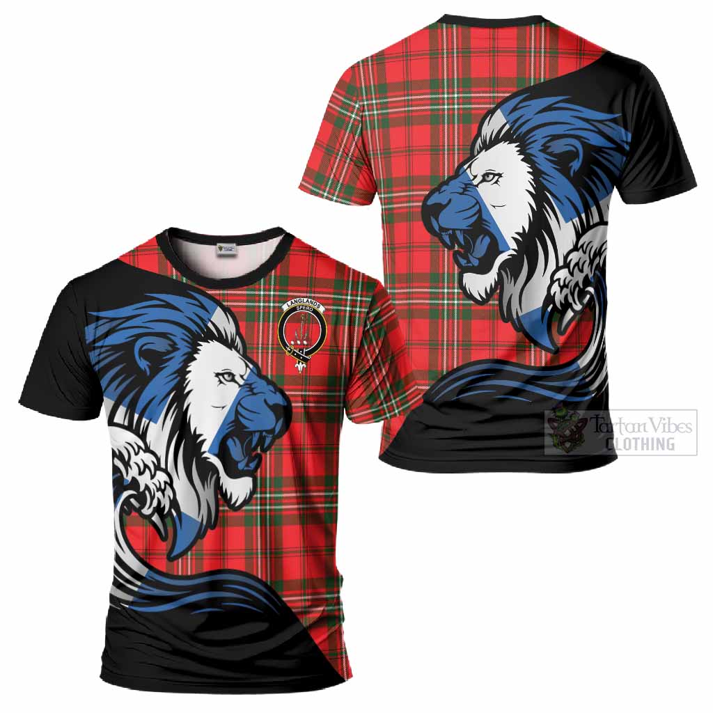 Langlands Tartan Crest T-Shirt Scottish Golden Lions Wave Flow