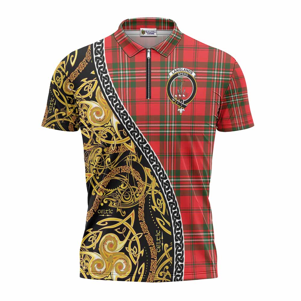Langlands Tartan Crest Zipper Polo Shirt Celtic Knot and Triple Trickle Spiral Symbols