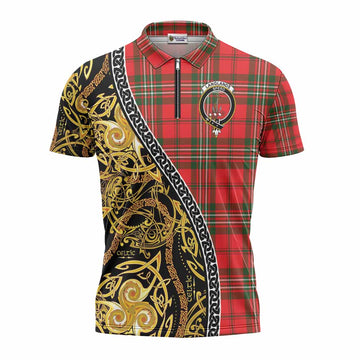 Langlands Tartan Crest Zipper Polo Shirt Celtic Knot and Triple Trickle Spiral Symbols