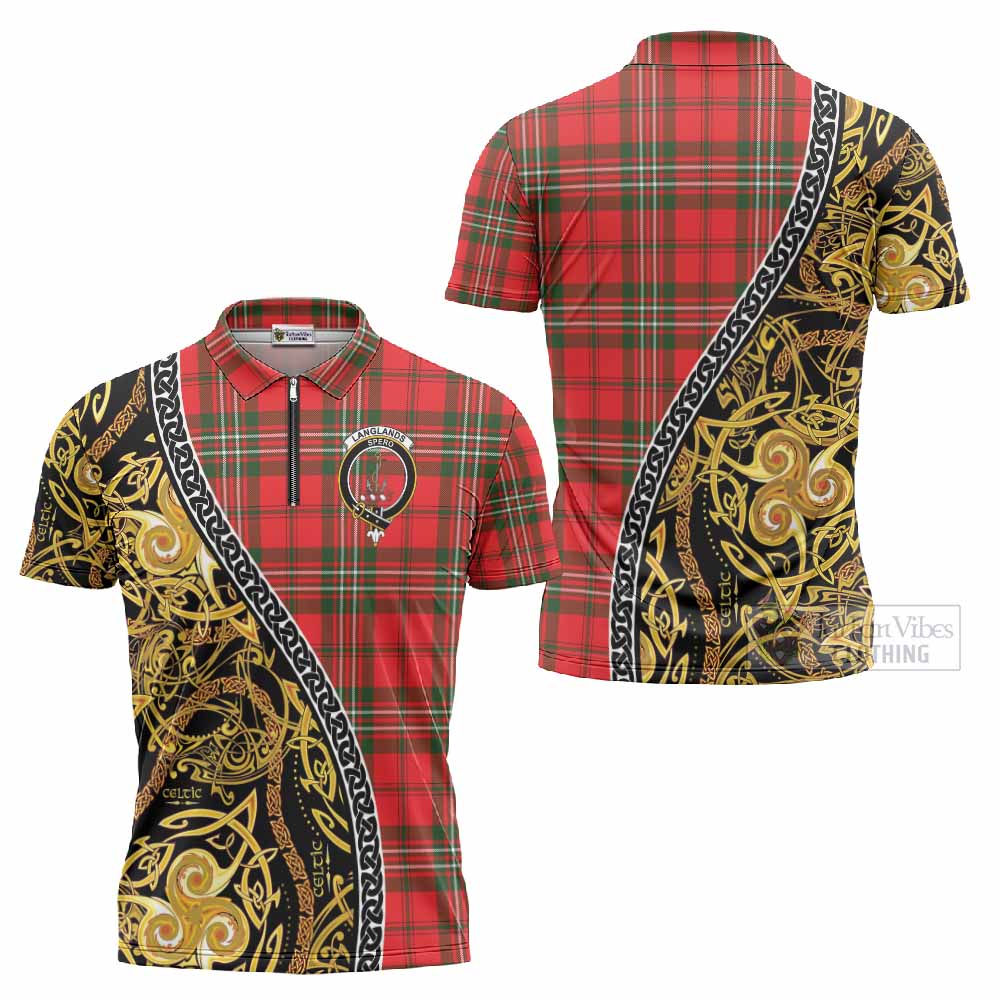Langlands Tartan Crest Zipper Polo Shirt Celtic Knot and Triple Trickle Spiral Symbols