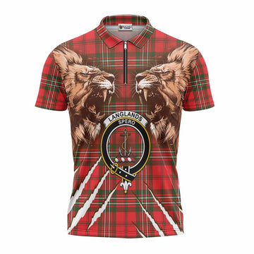 Langlands Tartan Crest Zipper Polo Shirt Ferocious Lion Style