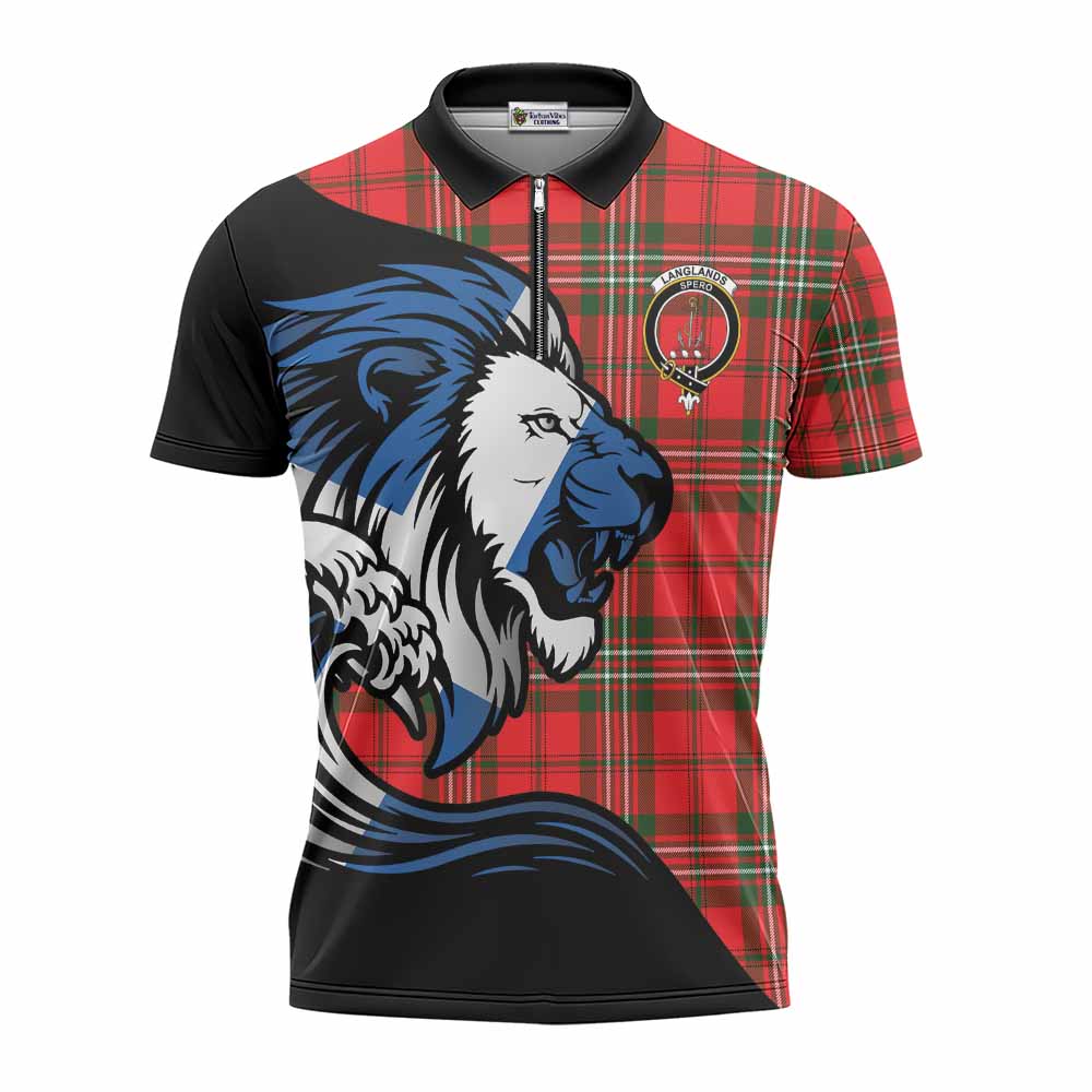 Langlands Tartan Crest Zipper Polo Shirt Scottish Golden Lions Wave Flow