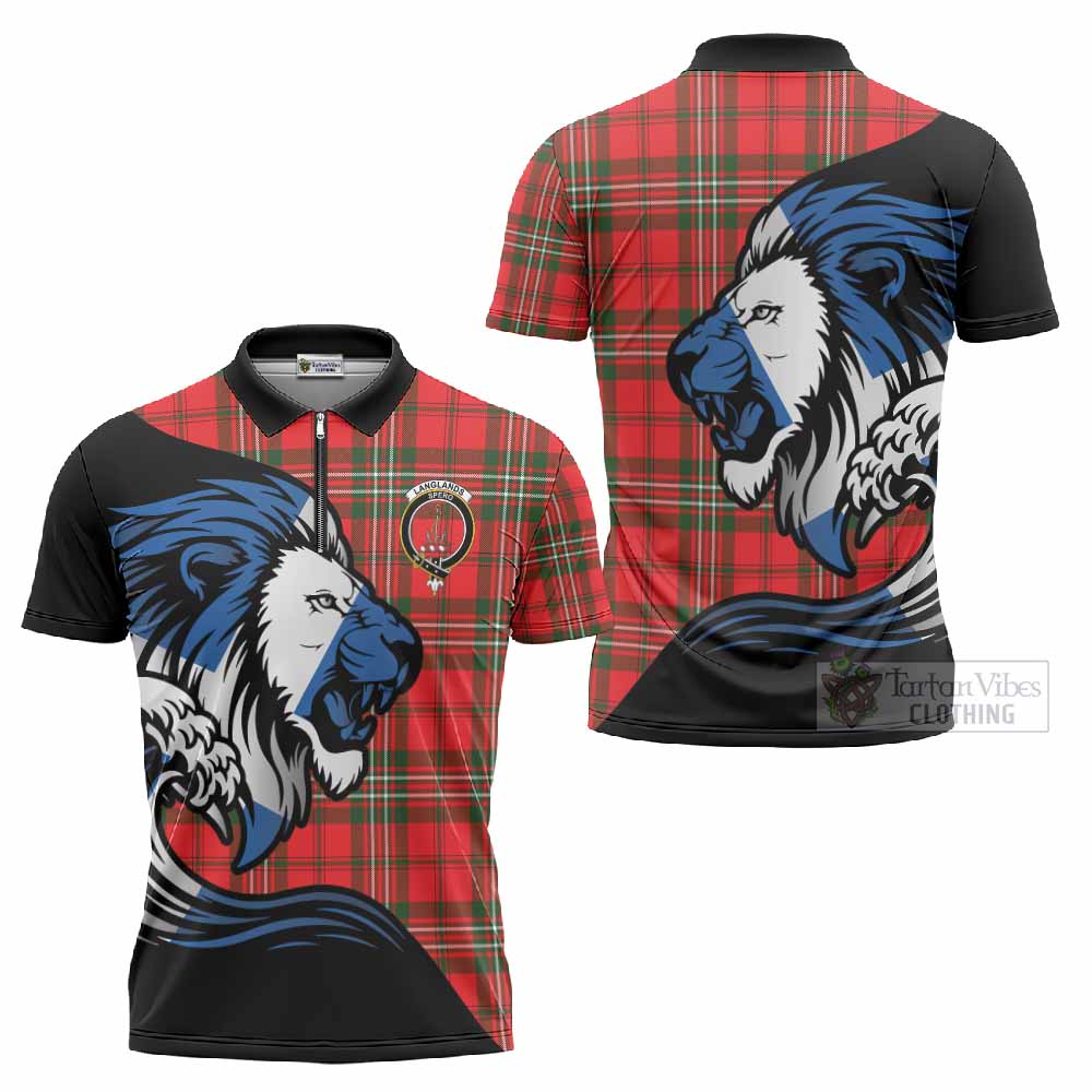 Langlands Tartan Crest Zipper Polo Shirt Scottish Golden Lions Wave Flow