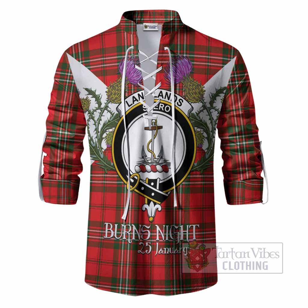 Langlands Tartan Family Crest Ghillie Shirt Scottish Burns Night Thistle Floral