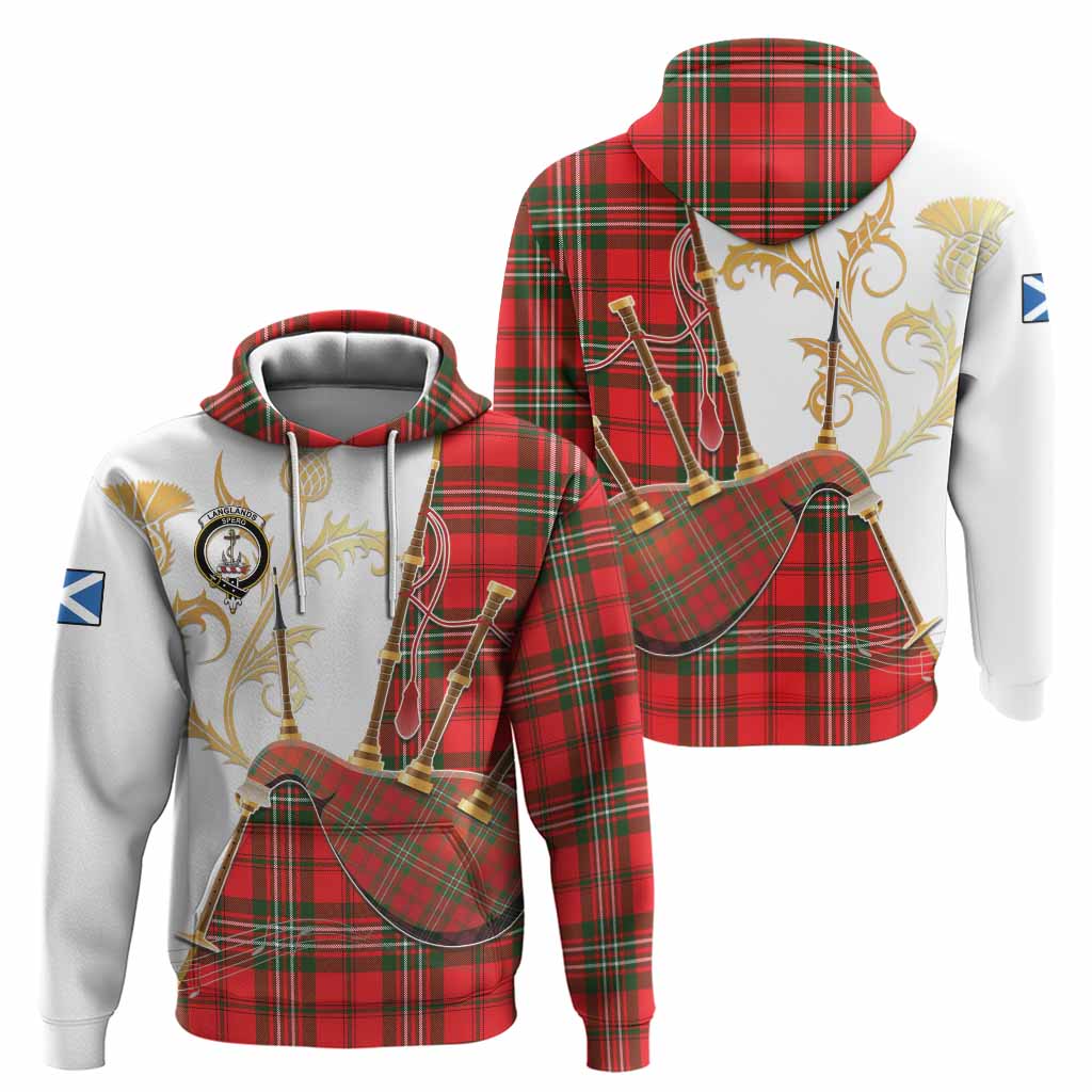 Langlands Tartan Family Crest Hoodie Bagpipes with Scottish Thistle