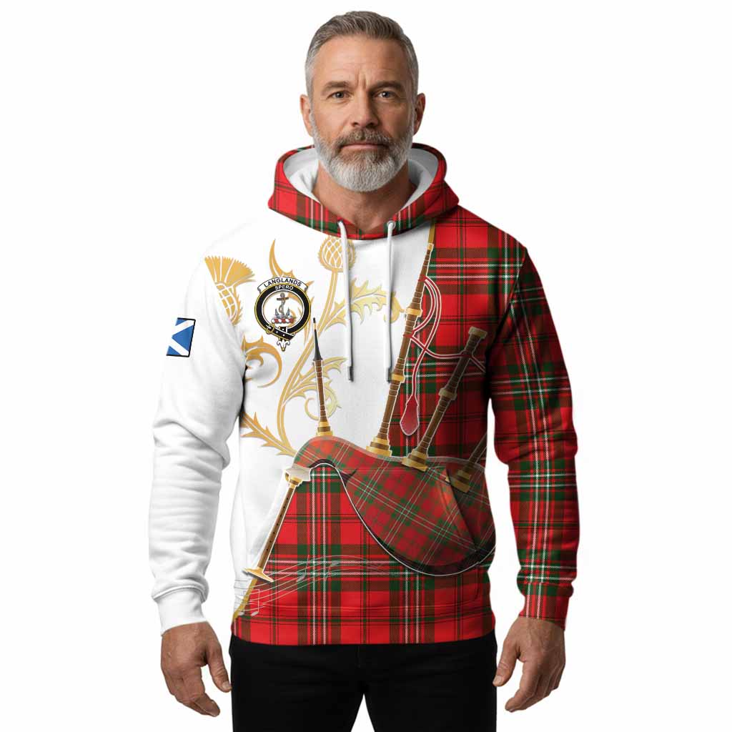 Langlands Tartan Family Crest Hoodie Bagpipes with Scottish Thistle