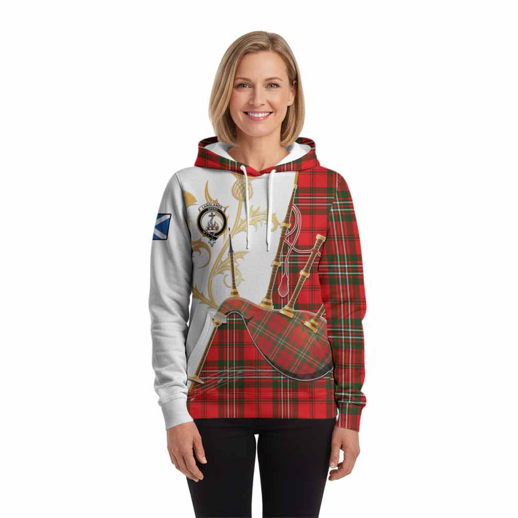 Langlands Tartan Family Crest Hoodie Bagpipes with Scottish Thistle