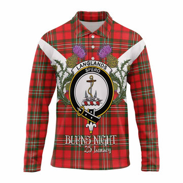 Langlands Tartan Family Crest Long Sleeve Polo Shirt Scottish Burns Night Thistle Floral