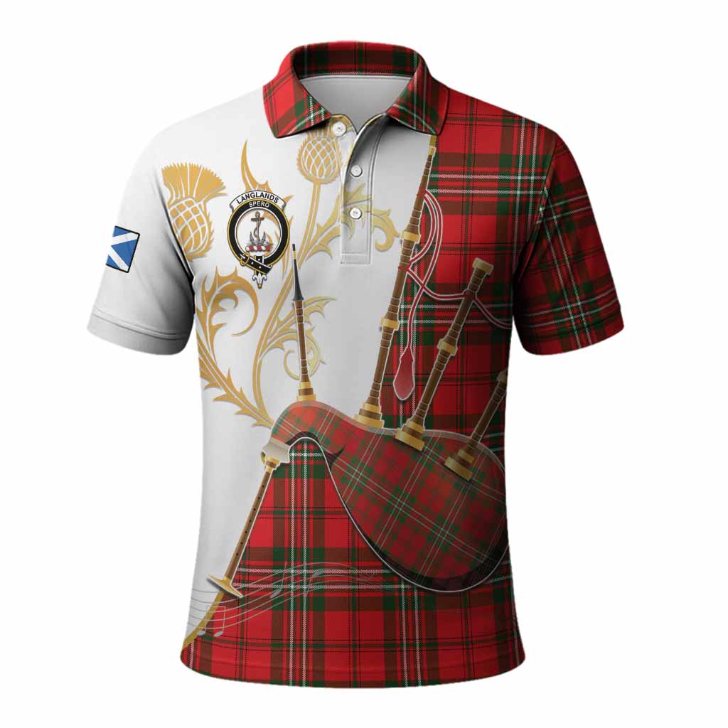 Langlands Tartan Family Crest Polo Shirt Bagpipes with Scottish Thistle