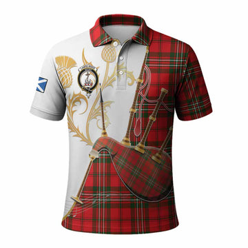 Langlands Tartan Family Crest Polo Shirt Bagpipes with Scottish Thistle