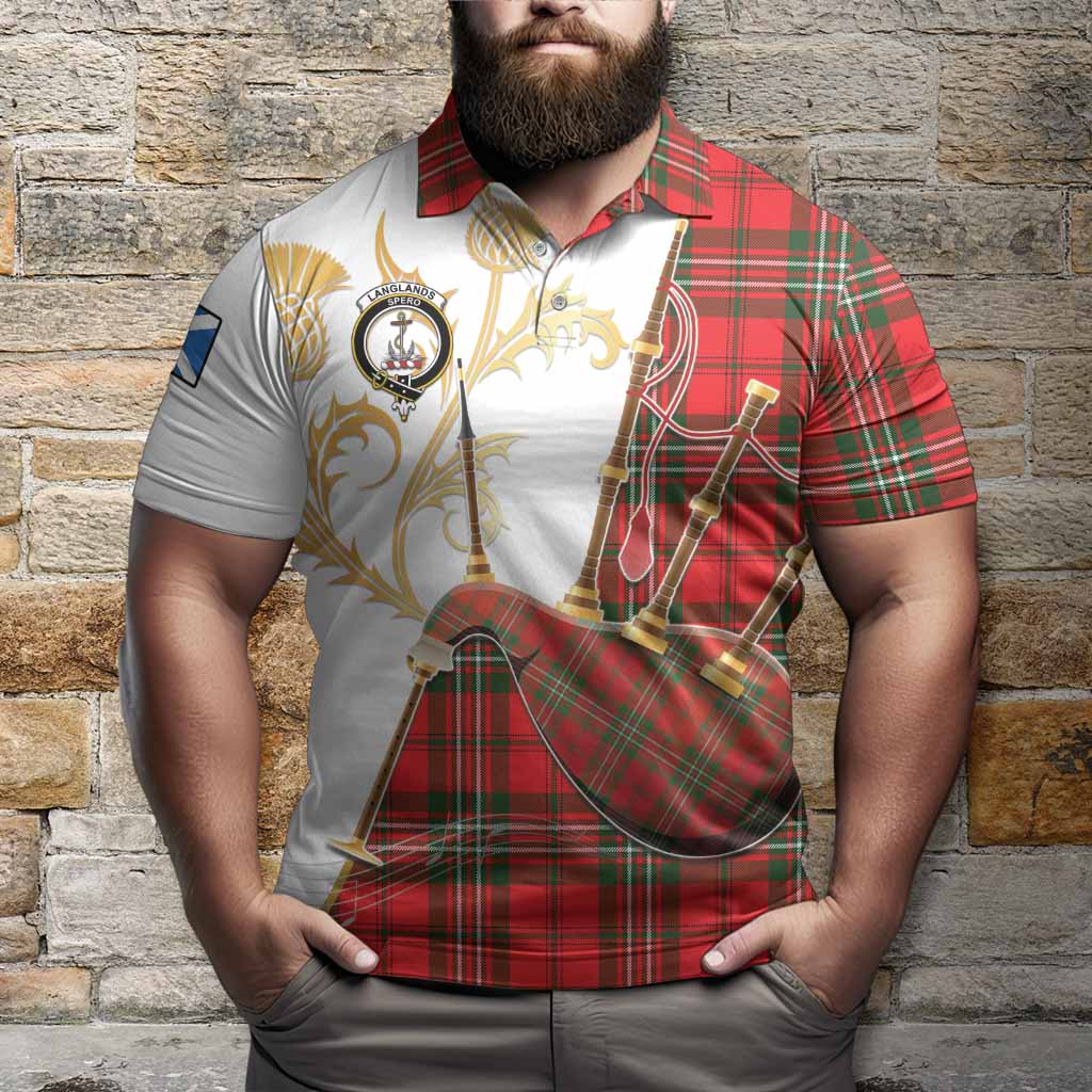 Langlands Tartan Family Crest Polo Shirt Bagpipes with Scottish Thistle